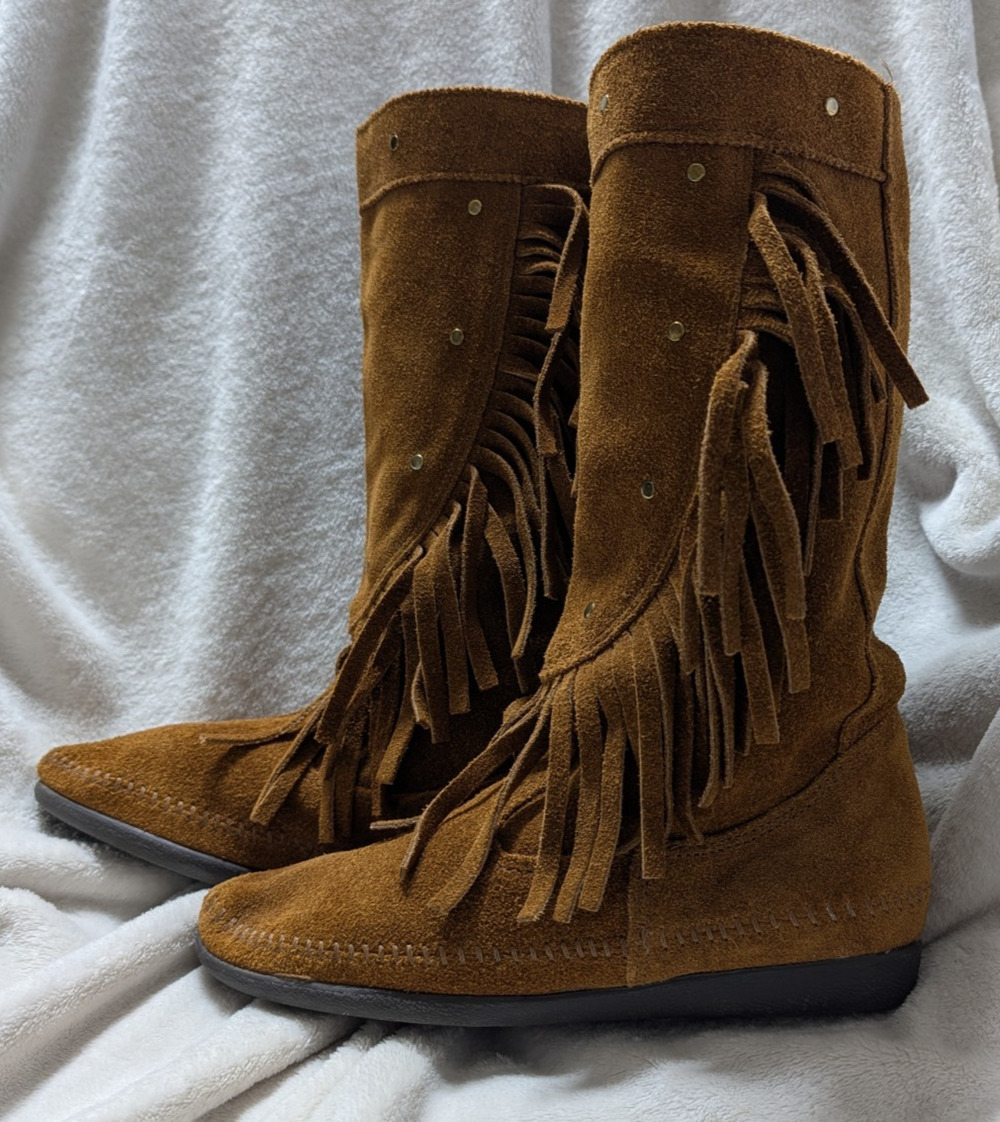 Minnetonka Brown Suede Metallic Studs Fringe Mid-Calf Western Women's Boots 7